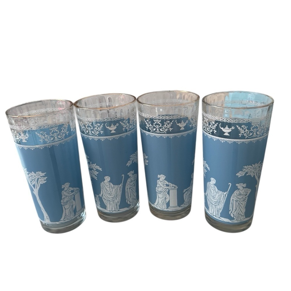 Jeannette Glass Blue Hellenic Mid- Century 6 1/2 inches Grecian Style Figures